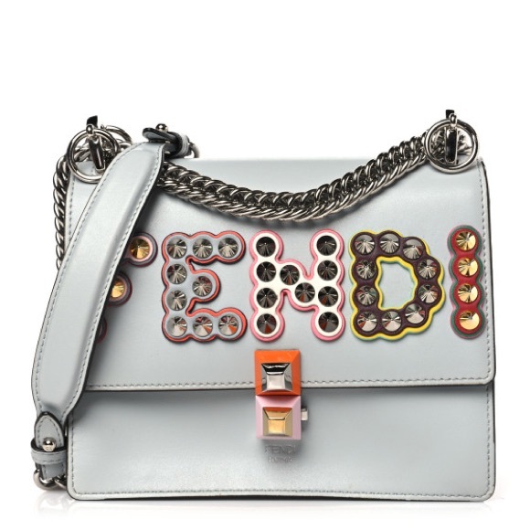 Fendi Vitello Liberty Fun Fair Metal Studded Kan Shoulder Bag in Grigio Perla - Picture 1 of 11